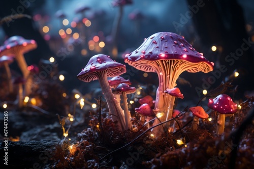 Field of glowing pink mushrooms in a mystical setting.