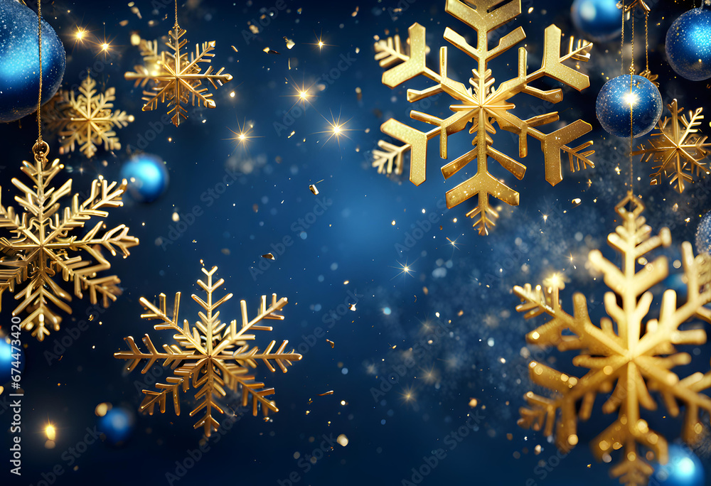 Blue sparkling Christmas and winter background with golden snowflakes, Blue sparkling Christmas and winter background with golden snowflakes,