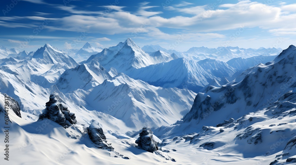 Winter mountains panorama with snow and clear blue sky. 3d illustration