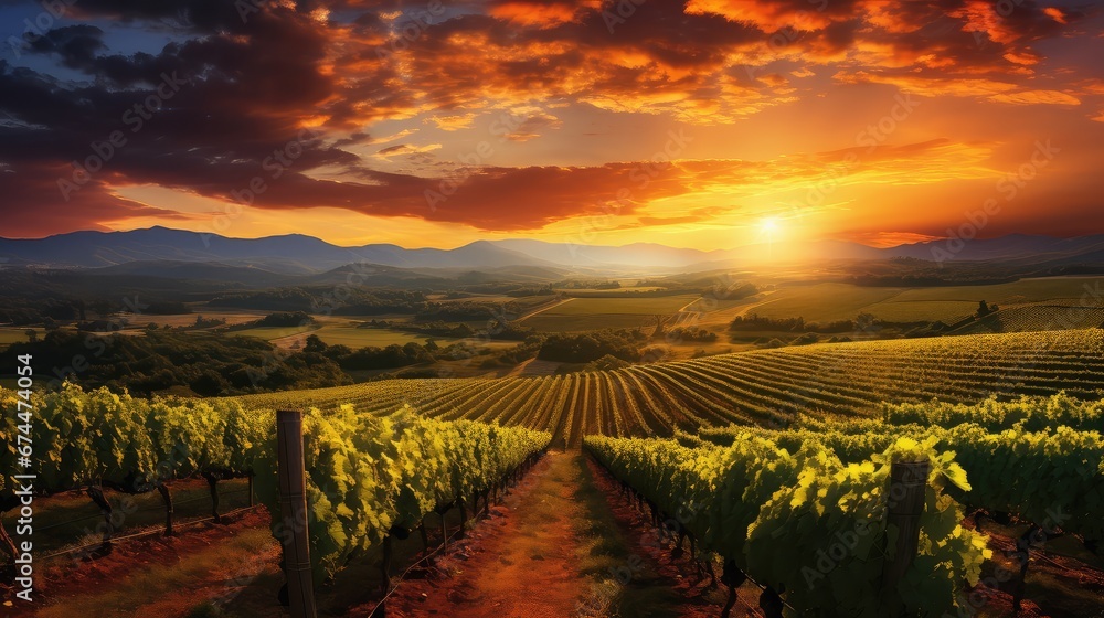 vineyard scenic sunset sun landscape illustration wine field, agriculture nature, green growing vineyard scenic sunset sun landscape