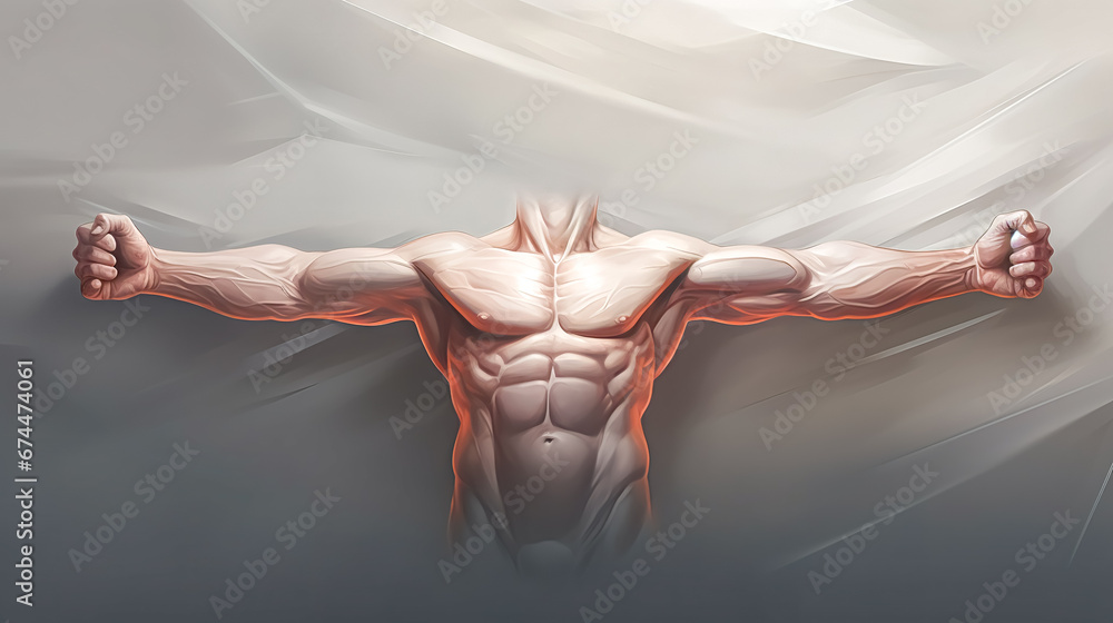 Obraz premium Muscle anatomy of male close up shot of upper front body 3d render.