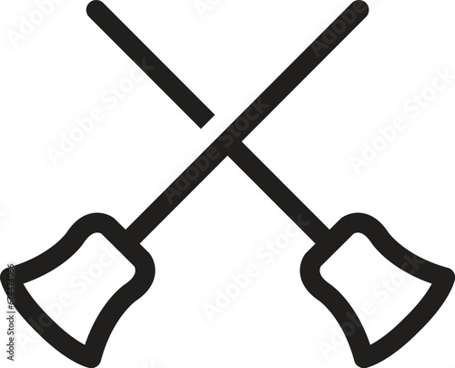 Broom sweep floor with long wooden handle and clouds of dust isolated, household implement from dust and dirt