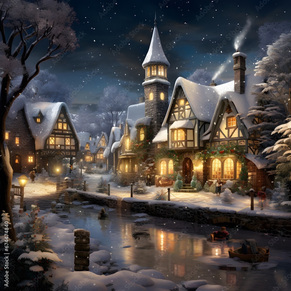 Winter night in a small village. Illustration for your design.