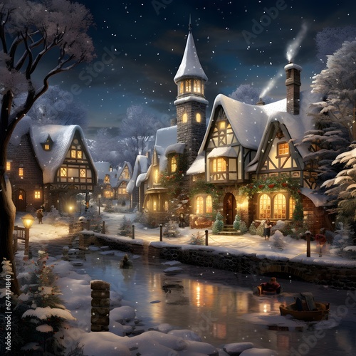 Winter night in a small village. Illustration for your design.