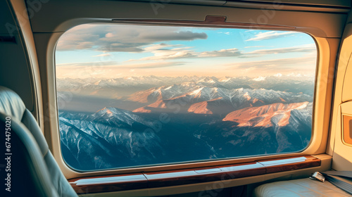 Aerial view of beautiful mountains seen through a private helicopter window.