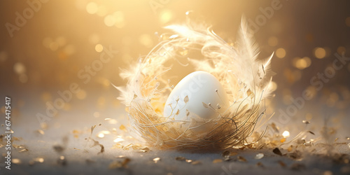 easter egg in the fluffy nest in the sun surrounded by golden particles