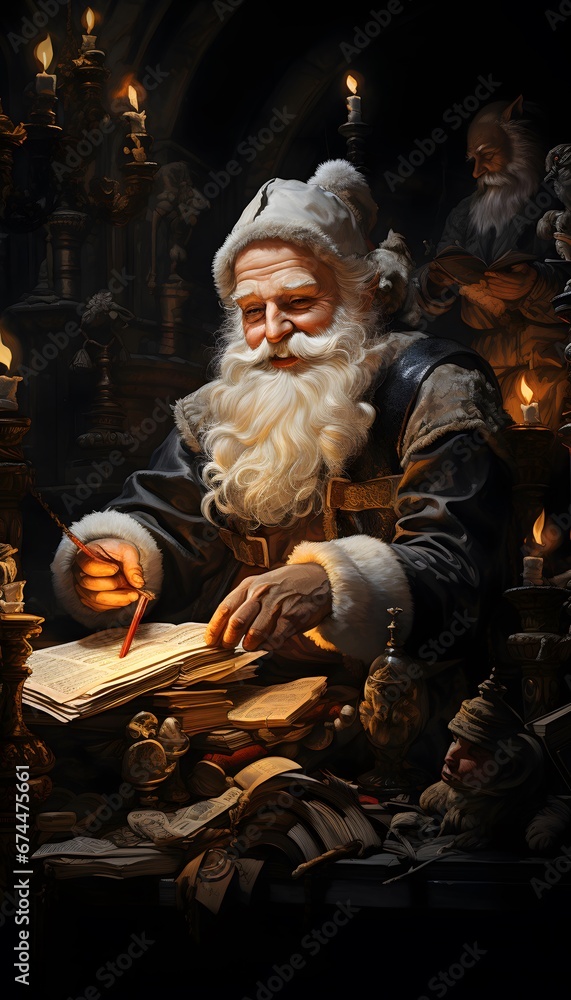 Santa Claus reading a book in the church. 3d illustration.