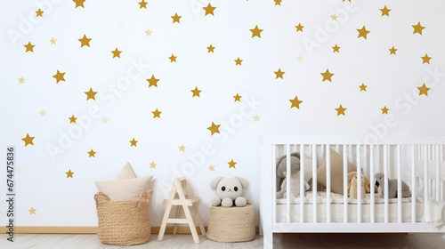 White wall with golden stars stickers in baby room interior. generative ai photo