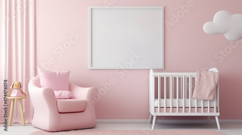 White crib with pink blanket and decorative cushions standing in cute baby room. generative ai