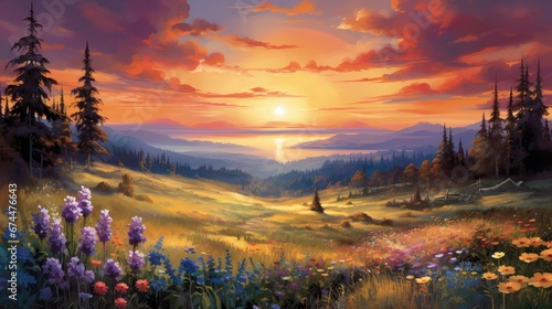 rural meadow view sun landscape illustration scenic background, rise beautiful, outdoor grass rural meadow view sun landscape © sevector