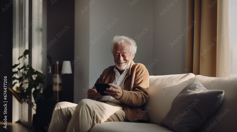 a happy old man using smartphone in living room