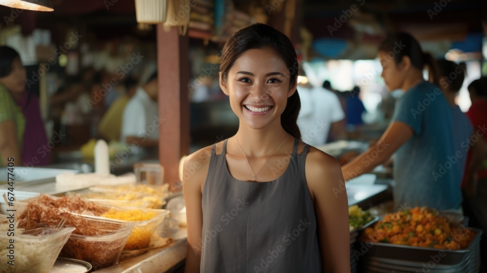 Naklejka premium female tourist at street night market in Thailand.
