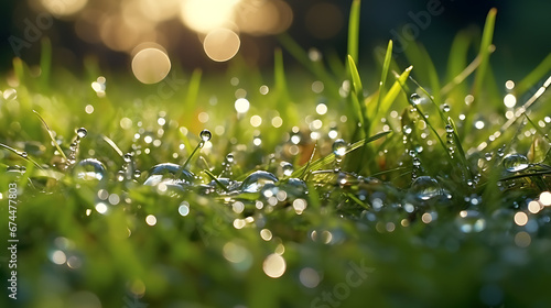 Many dew drops glow and sparkle in sun in morning fresh wet grass in nature. photo