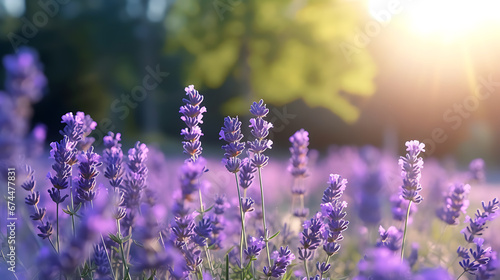 Large lavender field at sunset