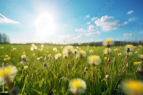 Beautiful bright natural image of fresh grass spring meadow with dandelions with blurred background and blue sky with clouds on bright sunny day