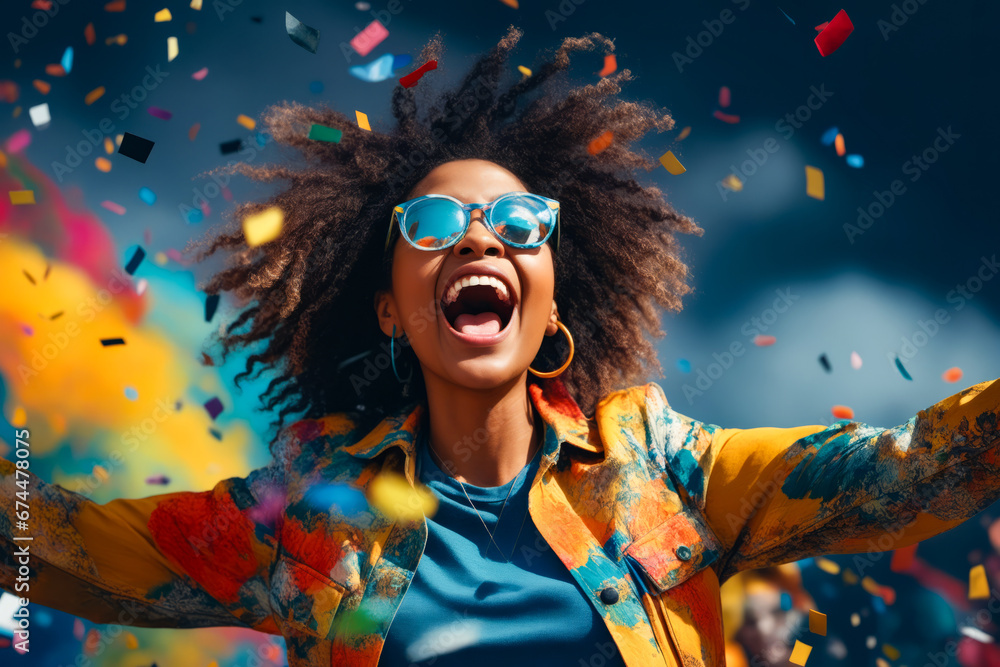 Woman with her arms outstretched and her eyes closed, wearing sunglasses and colorful jacket.