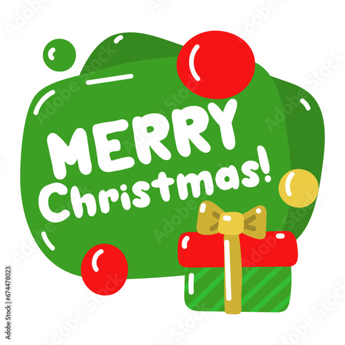 Vector conversational green ball with the inscription Merry Christmas with a gift isolated on a white background. New Year's greetings. Design of a Christmas greeting card, banner, poster, stickers