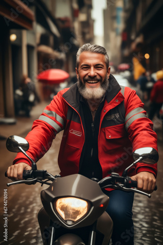 Man with beard riding motorcycle down street. © valentyn640