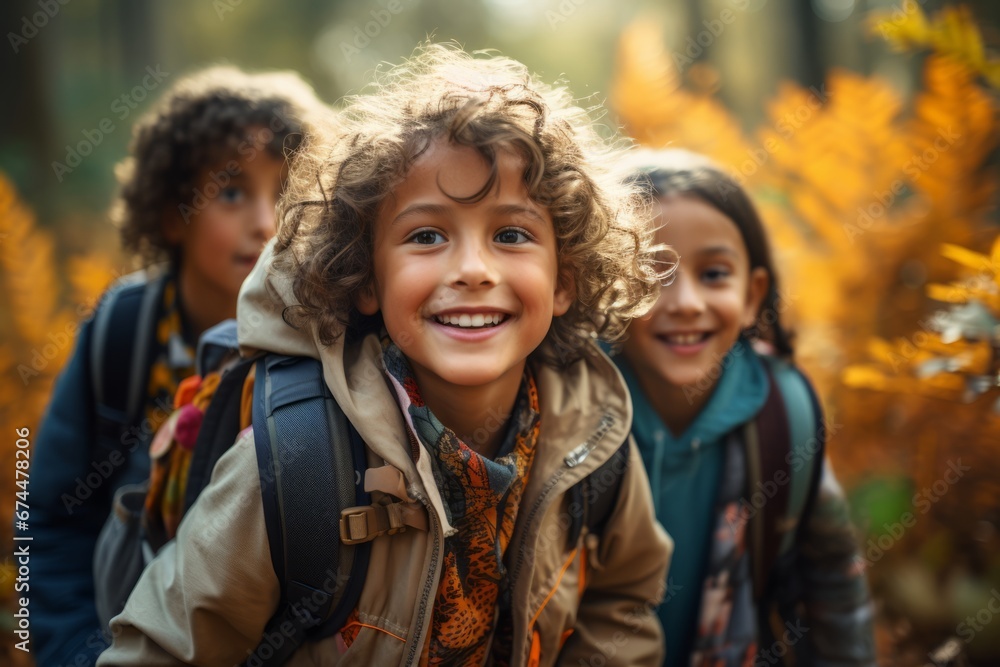Group portrait of cheerful smiling multiethnic children with backpacks in autumn forest. Happy boys and girls of different skin colors play and learn tourism skills. Diversity and friendship concept. Group portrait of cheerful smiling multiethnic children with backpacks in autumn forest. Happy boys and girls of different skin colors play and learn tourism skills. Diversity and friendship concept.