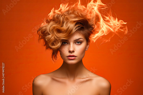 Woman with firey hair and red background.
