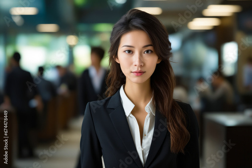 Woman in suit and white shirt standing in lobby.