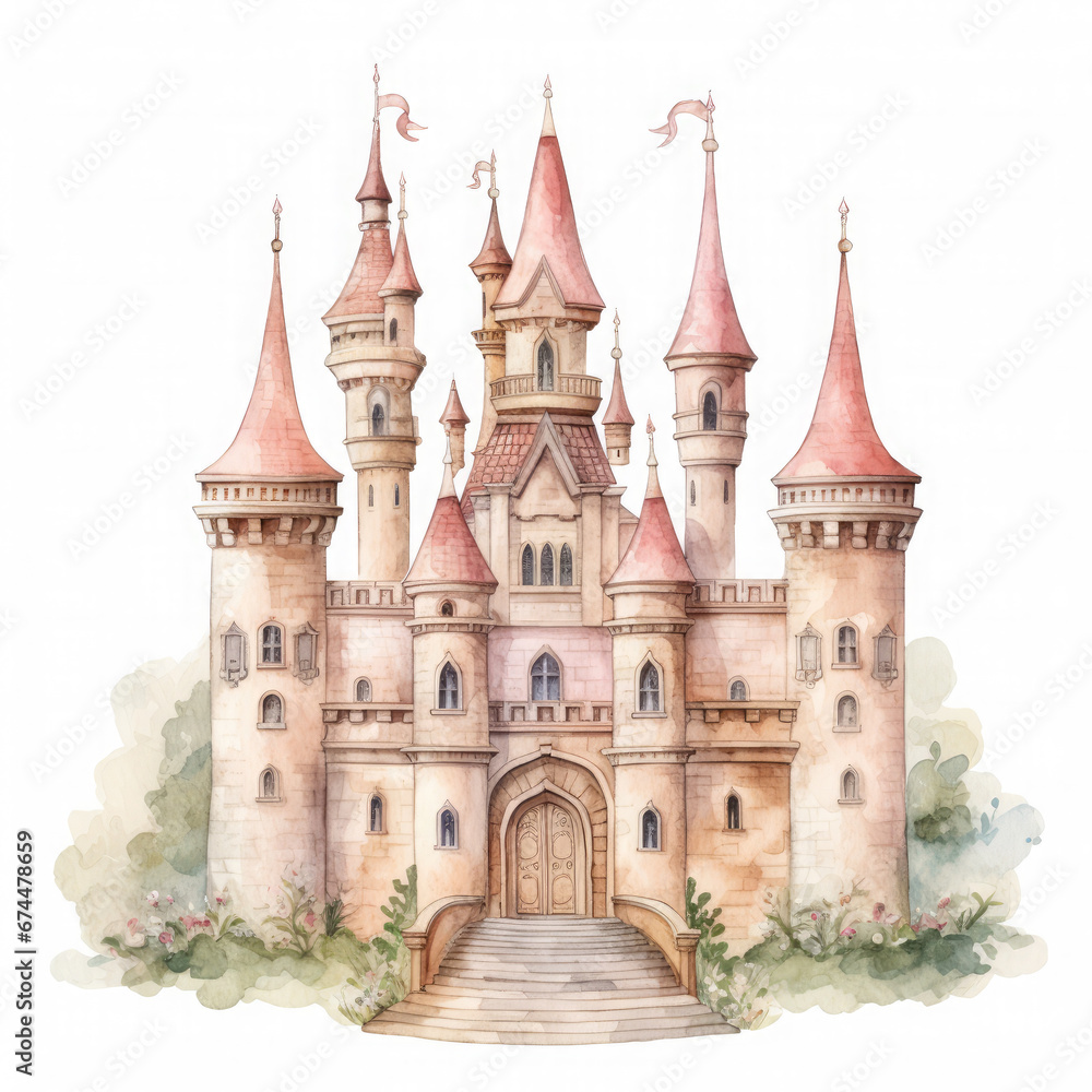 Fototapeta premium Cute watercolor princess castle Illustration, Generative Ai
