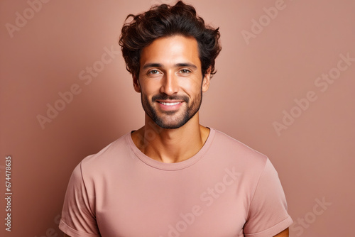 Man with beard and pink shirt smiling at the camera.