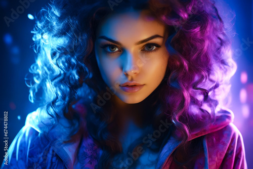 Woman with long curly hair and blue and purple hair.