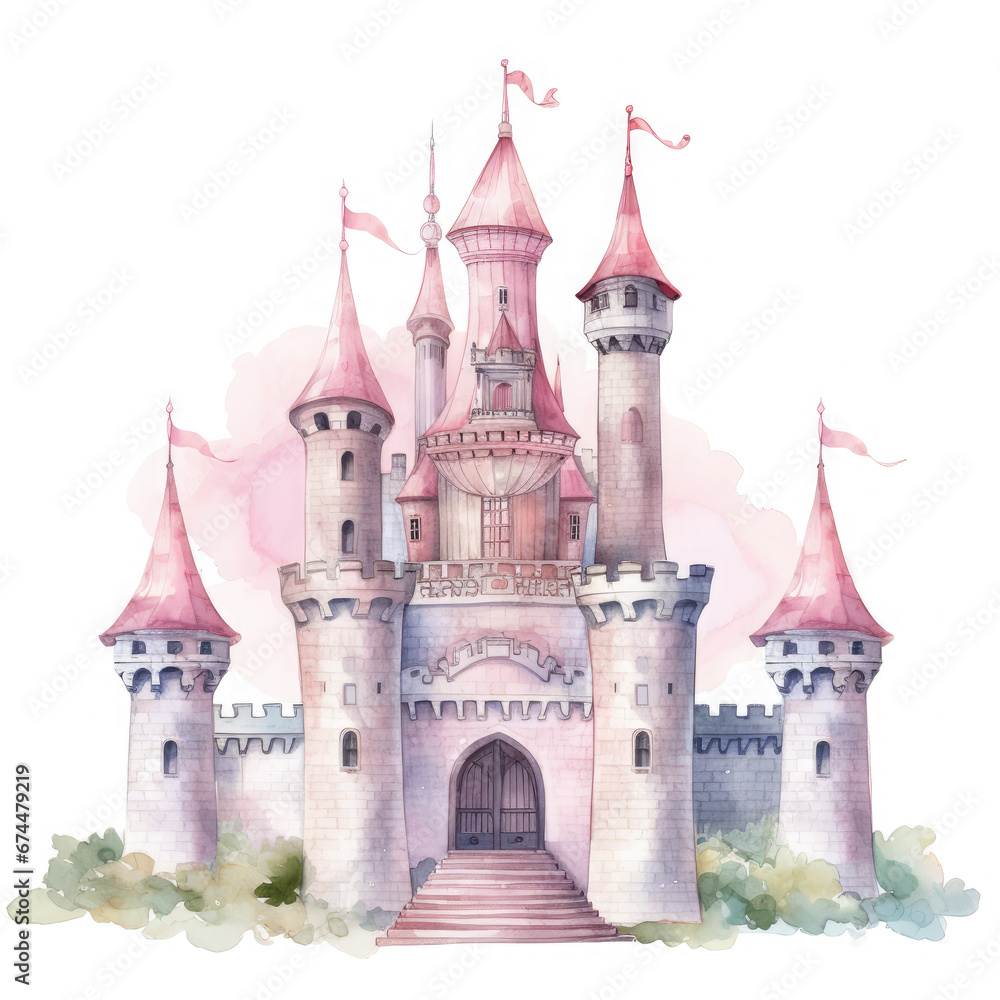 Fototapeta premium Cute watercolor princess castle Illustration, Generative Ai