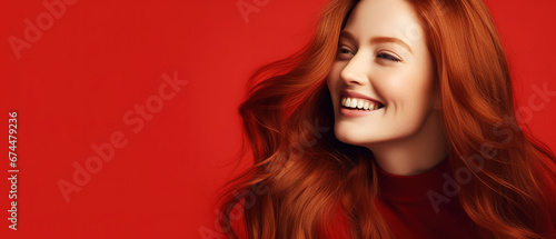 Beautiful elegant european red-haired smiling young woman with perfect skin and long red hair, on a red background, close-up