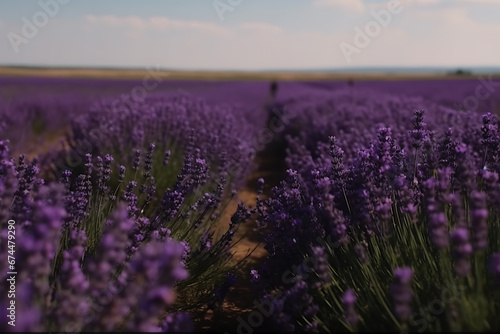 Large lavender field at sunset