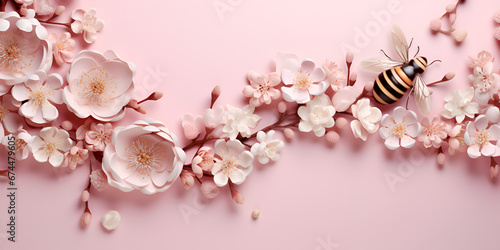 tree blossom,pink flowers composition over pastel background, generate ai,Elegant clean space with a touch of pink cherry blossom perfect ,Easter background with eggs, almond flowers and feathers