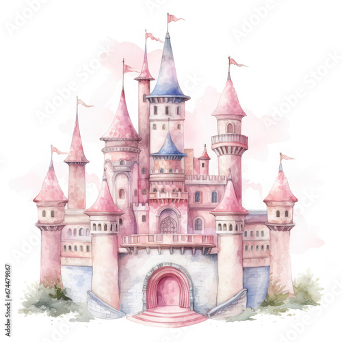 Cute watercolor princess castle Illustration, Generative Ai