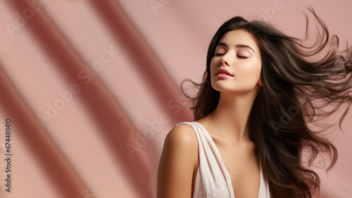 A brunette woman breathes calmly looking up isolated on pastel background