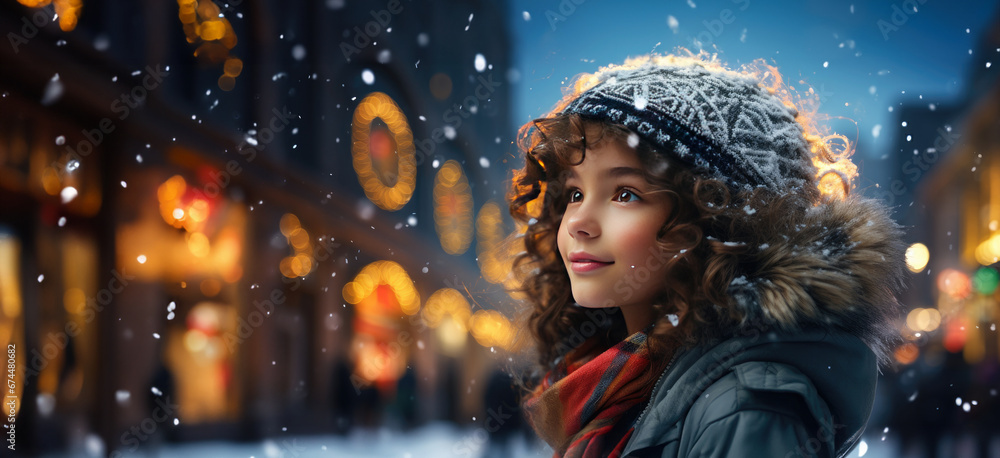 A side view of a happy girl under a Christmas tree in a snow-covered city square. Generative Ai.
