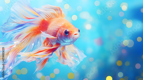 Vibrant Goldfish with Flowing Fins in Blue Water Bokeh Background