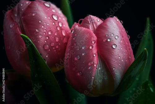 Dew drops on pink tulips