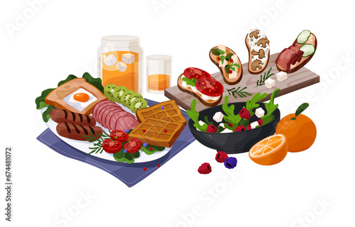 English breakfast on dish: toast with scrambled eggs, orange juice, sausages. Flying food, eating levitating. Meal with vegetables, toasts with meat. Flat isolated vector illustration on white