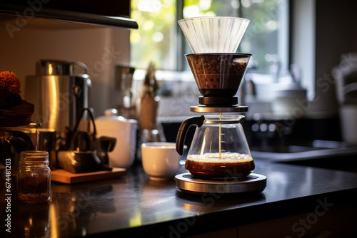 Filtrado de café en la cocina al amanecer. photo