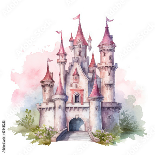 Cute watercolor princess castle Illustration, Generative Ai