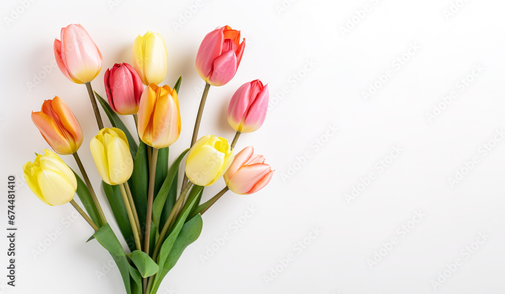 Tulipanes de colores en fondo blanco con espacio para texto. Tulipanes de colores en fondo blanco con espacio para texto.