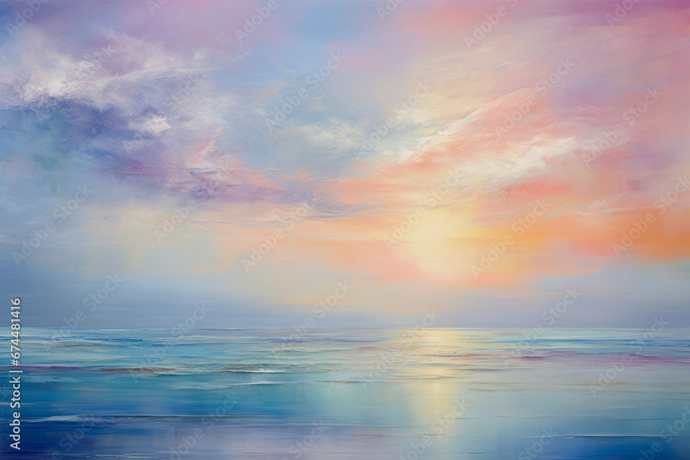 Ilustración estilo acuarela del paisaje del mar en calma en un atardecer colorido. - obrazy, fototapety, plakaty 