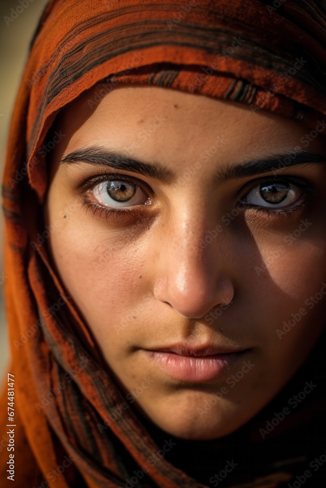 Сlose-up of the face of young woman with bright green-brown eyes, close-up of the face of woman with headscarf on her head, the embodiment of genuine beauty Сlose-up of the face of young woman with bright green-brown eyes, close-up of the face of woman with headscarf on her head, the embodiment of genuine beauty