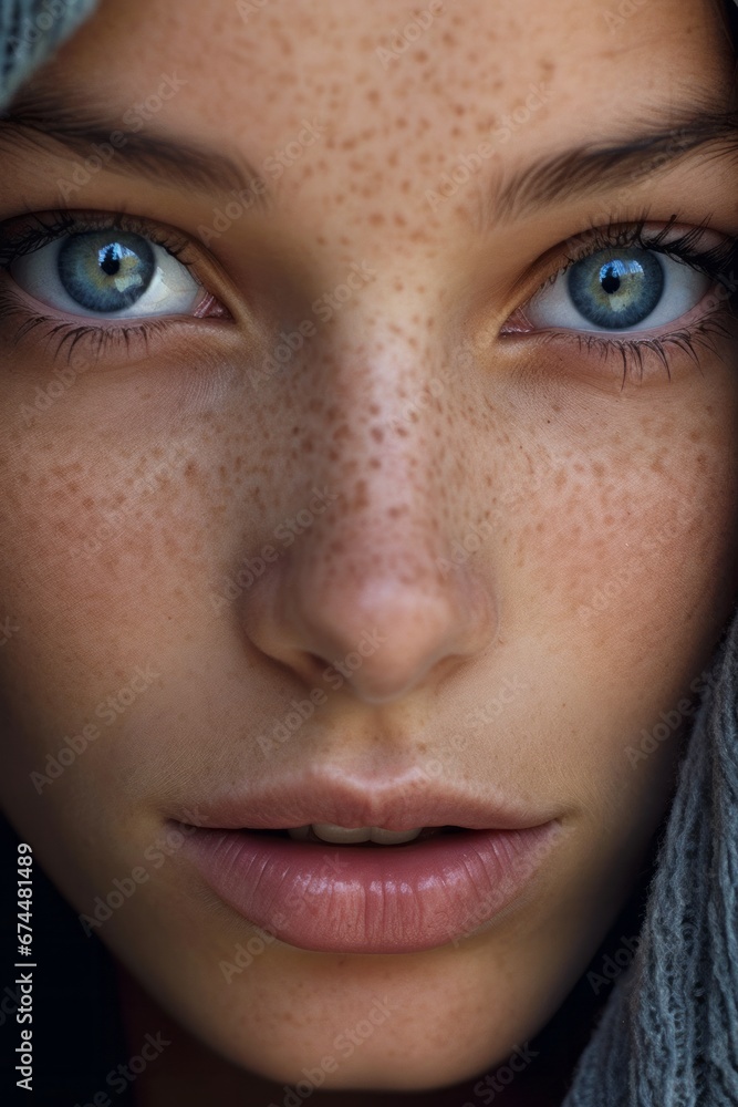 Close-up of the face of young woman with bright blue eyes and freckles on her face, close-up of the face of European woman, the embodiment of genuine beauty Close-up of the face of young woman with bright blue eyes and freckles on her face, close-up of the face of European woman, the embodiment of genuine beauty