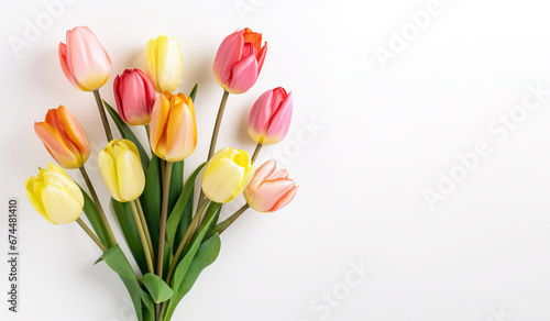 Tulipanes de colores en fondo blanco con espacio para texto.