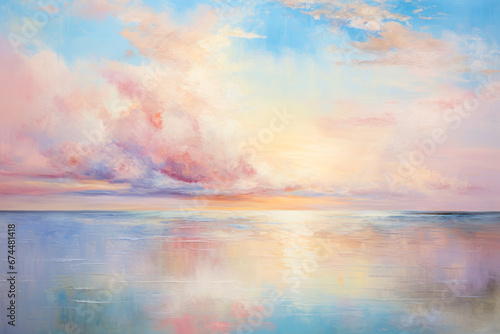 Ilustración estilo acuarela del paisaje del mar en calma en un atardecer colorido. photo