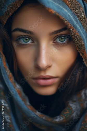 Close-up of the face of young fair-skinned woman with bright blue eyes, close-up of the face of European woman in headscarf, the embodiment of genuine beauty