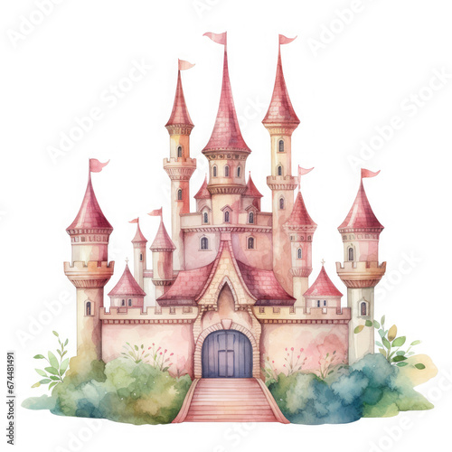 Cute watercolor princess castle Illustration, Generative Ai