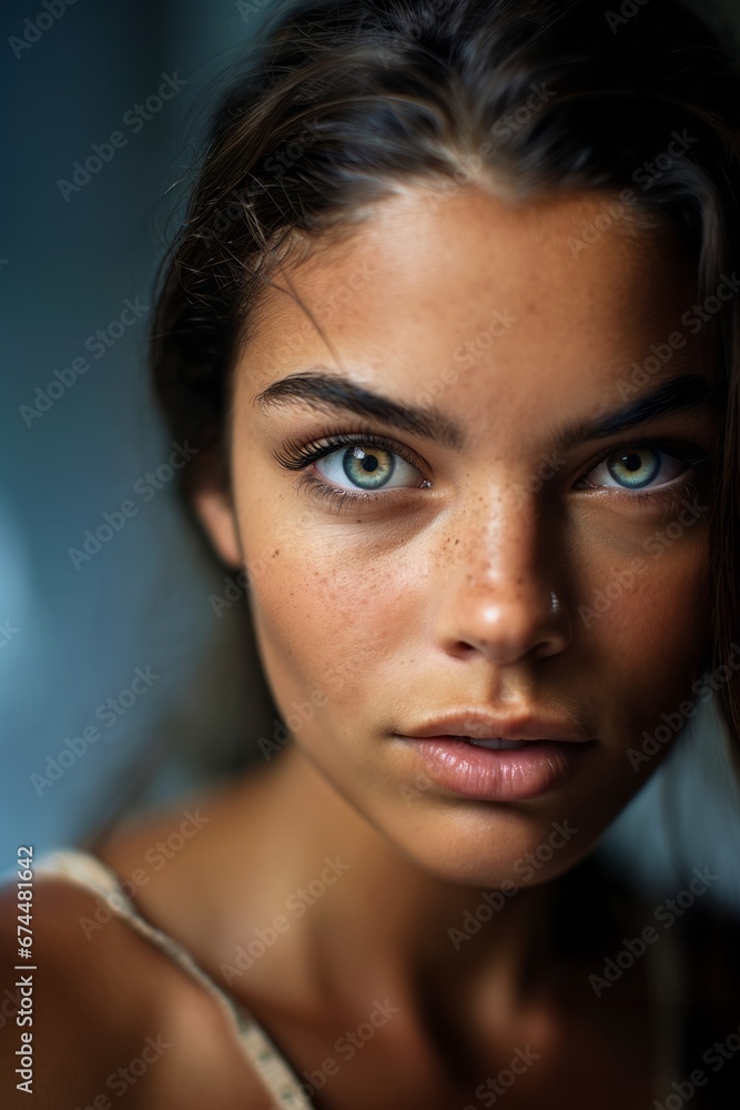Close-up of the face of young woman with bright light eyes and freckles on her face, her hair is gathered, close-up of the face of European woman, the embodiment of genuine beauty Close-up of the face of young woman with bright light eyes and freckles on her face, her hair is gathered, close-up of the face of European woman, the embodiment of genuine beauty