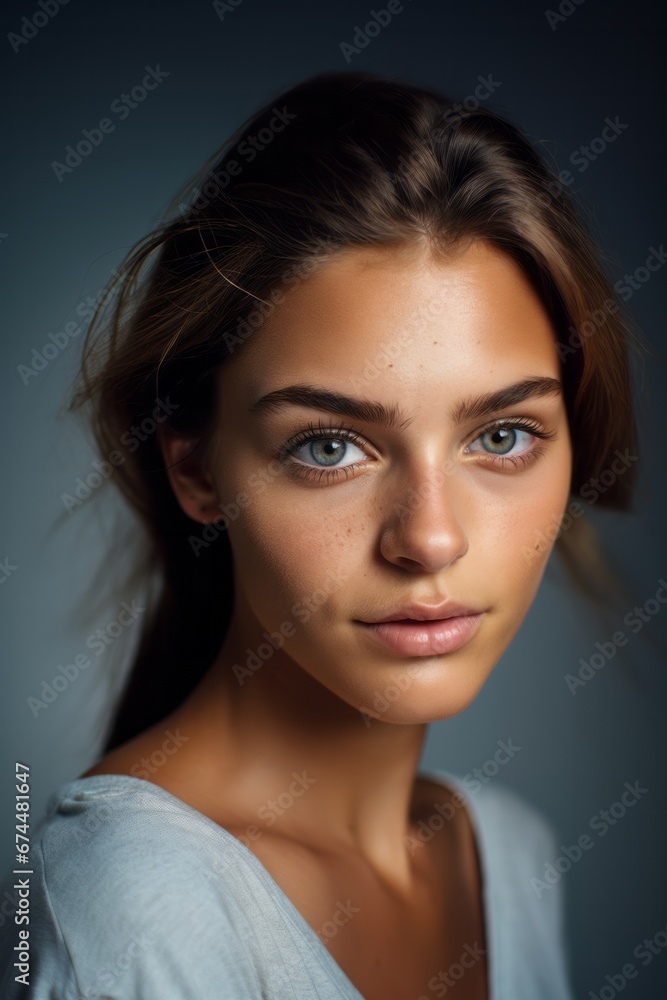 Close-up of the face of young woman with bright green eyes and gathered hair on her head, close-up of the face of European woman, the embodiment of genuine beauty Close-up of the face of young woman with bright green eyes and gathered hair on her head, close-up of the face of European woman, the embodiment of genuine beauty